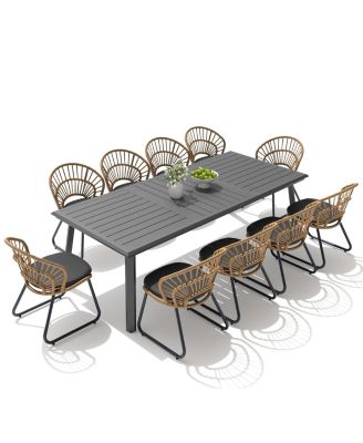11 Piece Aluminum Patio Dining Set 94" Large Dining Table and Rattan Chairs with Cushions