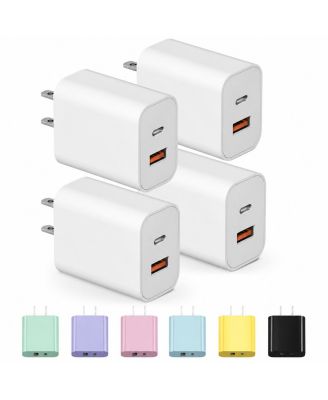 20W Dual-Port USB-A and USB-C Wall Charger for iPhone, iPad, and Android, 4-Pack