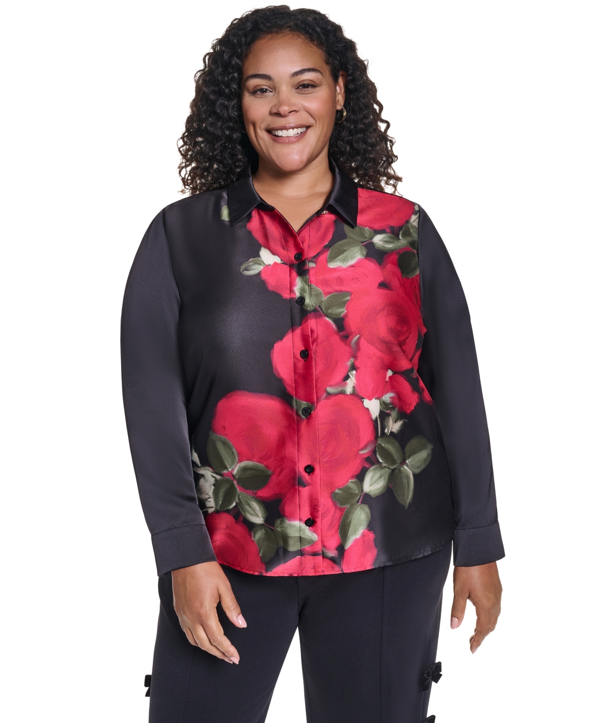 Karl Lagerfeld Paris Plus Rose Woven Floral-Print Satin Long-Sleeve Blouse