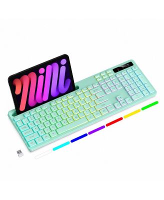 Wireless Keyboard RGB Backlit Phone Holder 2.4G Rechargeable Quiet Typing Multimedia Keys