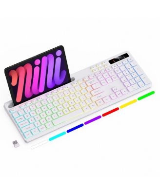 Wireless Keyboard RGB Backlit Phone Holder 2.4G Rechargeable Quiet Typing Multimedia Keys