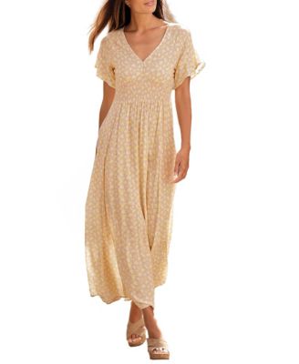 Women's Viscose Floral Print Ruffle-Trim Style V-Neck Maxi Dress
