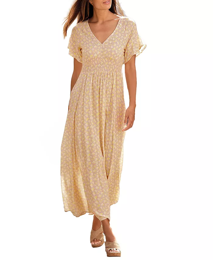 Women's Viscose Floral Print Ruffle-Trim Style V-Neck Maxi Dress