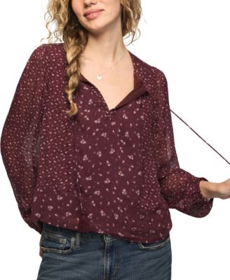 Women's Floral-Print Sheer Long-Sleeve Peasant Top