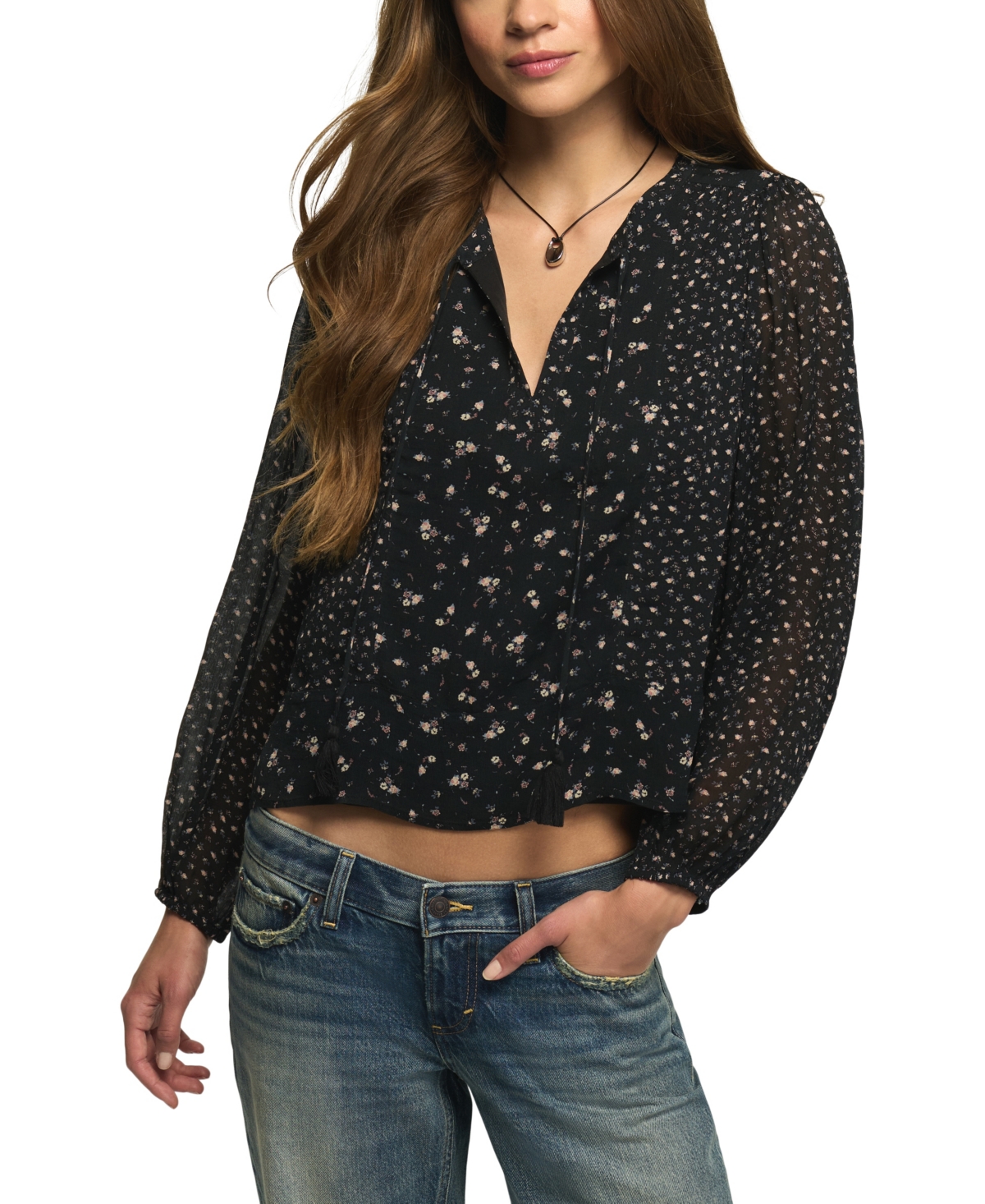 Lucky Brand Women's Floral-Print Sheer Long-Sleeve Peasant Top - Black Print Mix