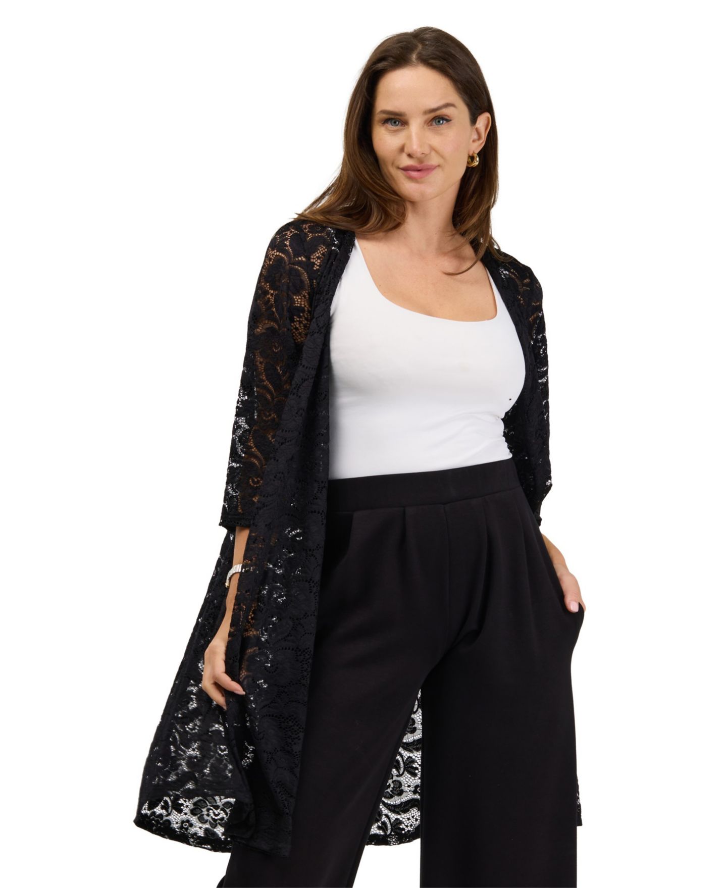 Женская куртка 24seven Comfort Apparel Lace Floral-Print 3/4-Sleeve, цвет: Чёрный — фото 2