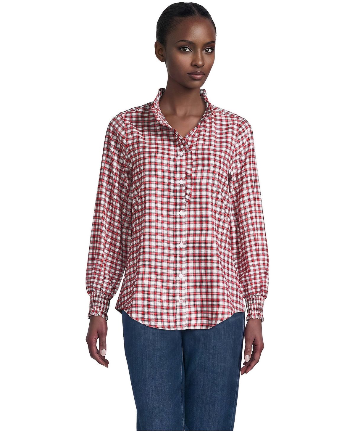 Lands' End Women's Flannel Ruffle Button Front Top - Compass red holiday mini plaid