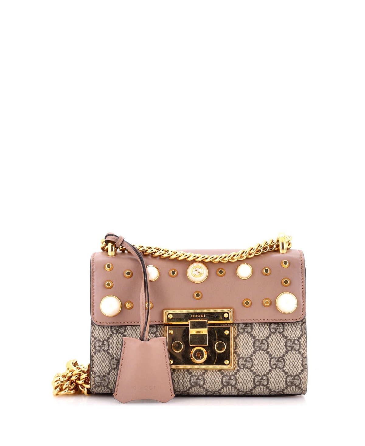 Pre-Owned Gucci Small Pearly Padlock Shoulder Bag Gg Coated Canvas with Studded Leather - Natural