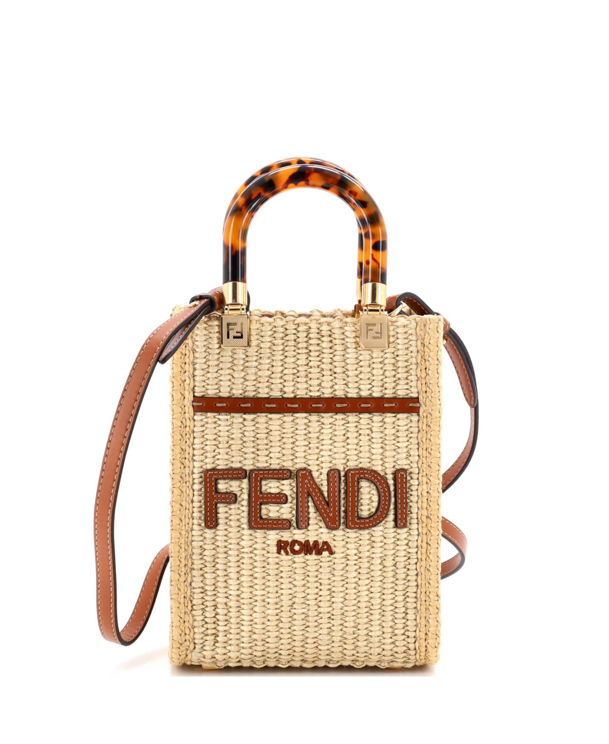Pre-Owned Fendi Mini Sunshine Shopper Tote Straw and Leather