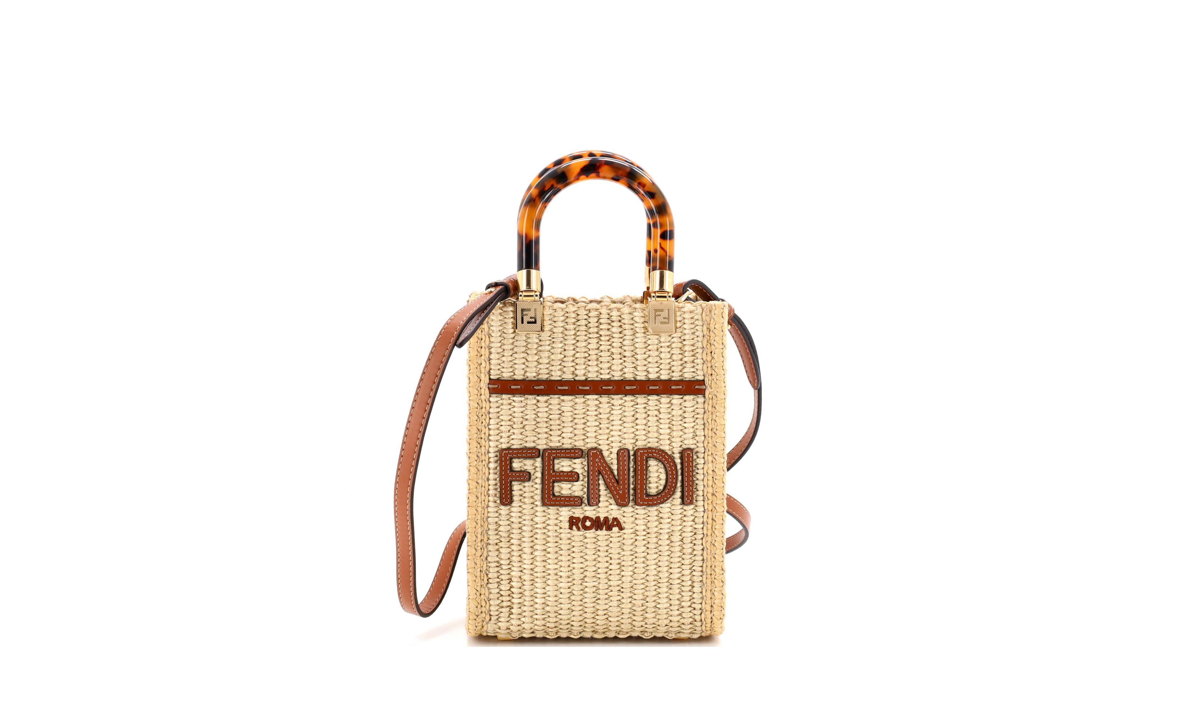 Pre-Owned Fendi Mini Sunshine Shopper Tote Straw and Leather