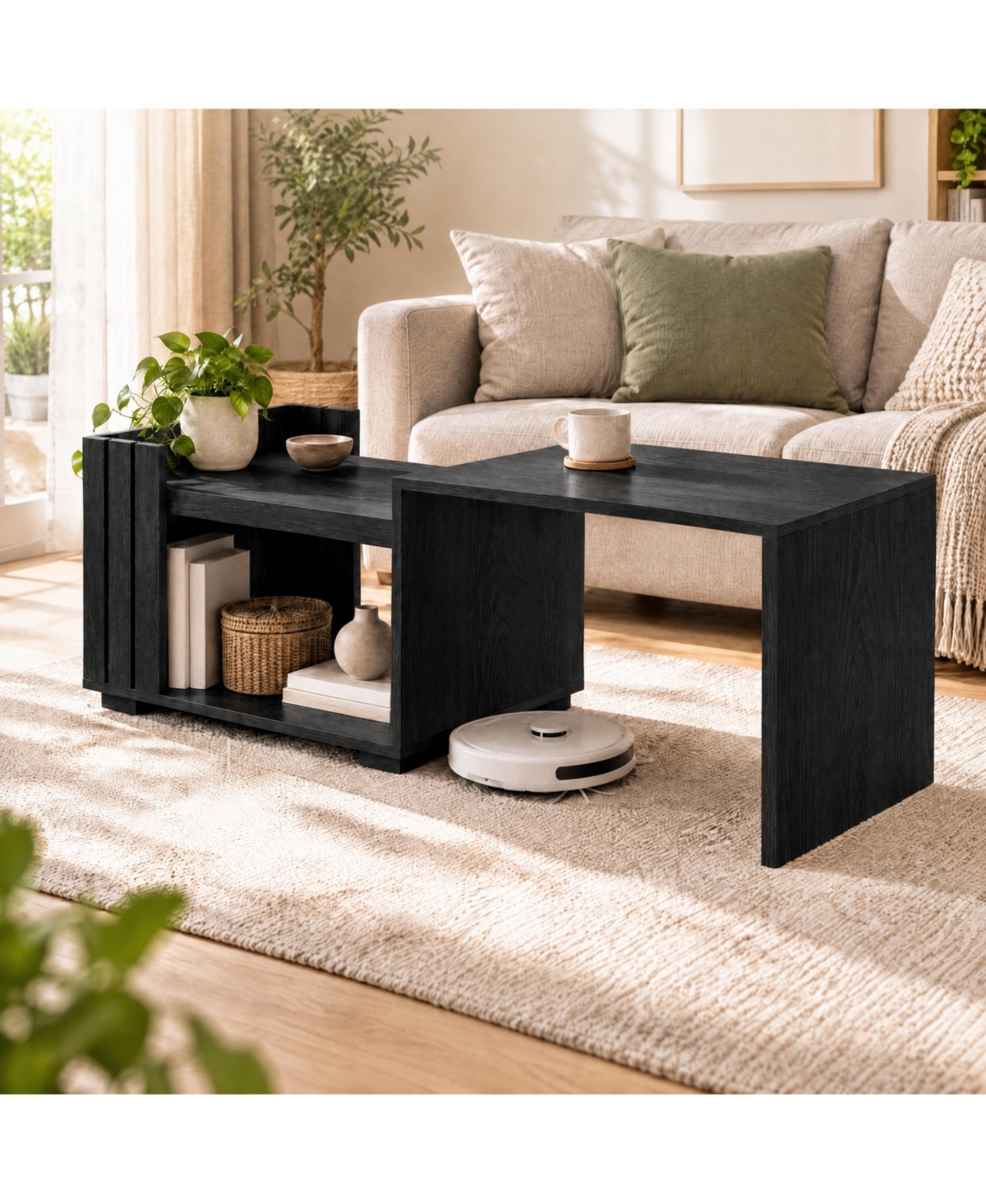gaomon Expandable Coffee Table, 42.9" 2-Tier Open Storage Shelves & Metal Corner Brackets, Convertible Center Table for Living Room Bedroom
