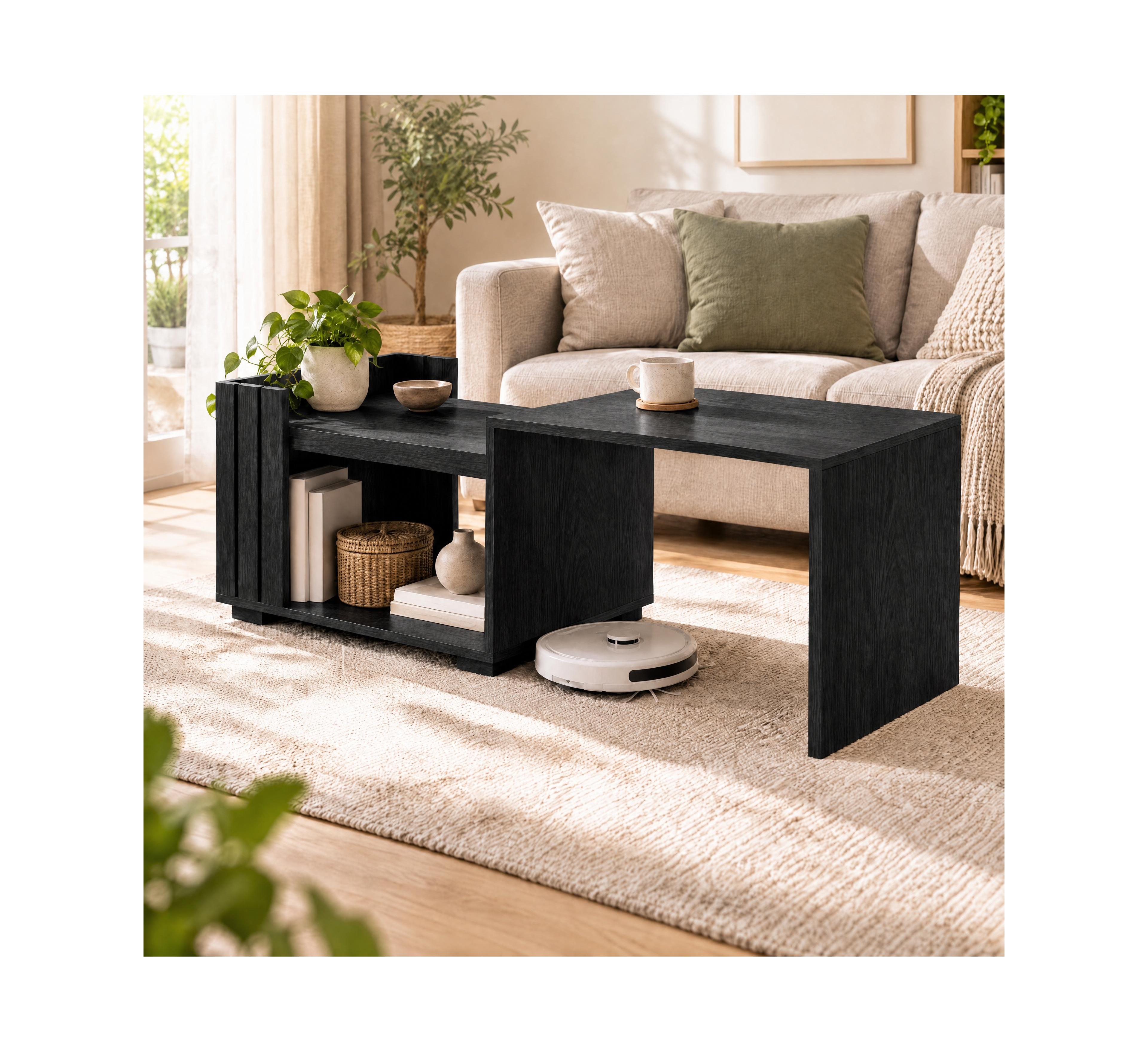 gaomon Expandable Coffee Table, 42.9" 2-Tier Open Storage Shelves & Metal Corner Brackets, Convertible Center Table for Living Room Bedroom