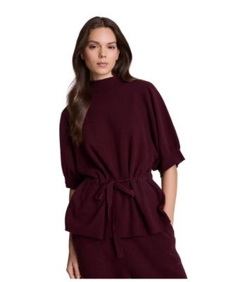 Women's Short Sleeve Tunnel Belt Mockneck Knit Sweater