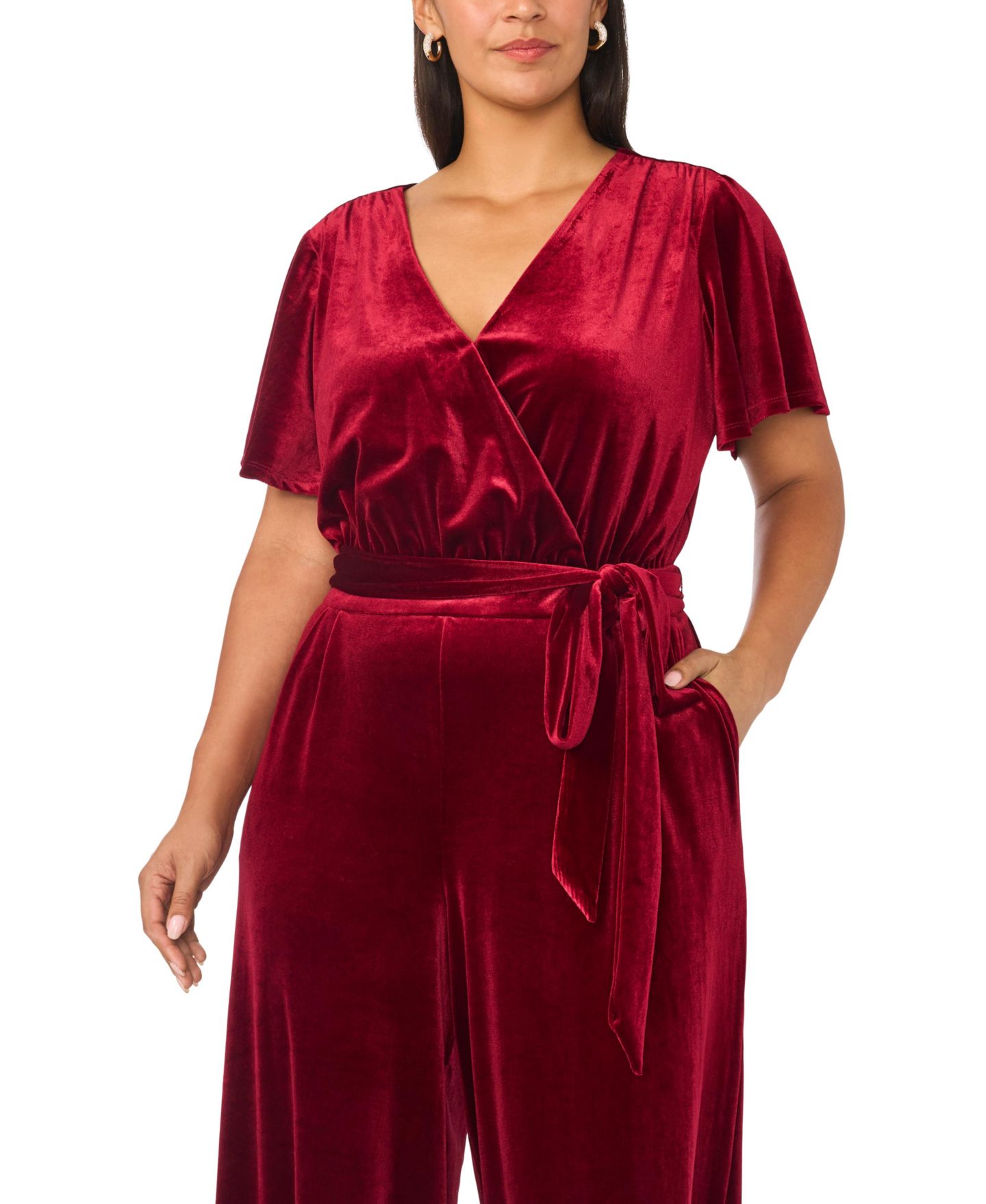 Женский комбинезон Vince Camuto Plus Size Flutter Sleeve Surplice Velvet Wide-Leg Jumpsuit, цвет: Мерло — фото 2