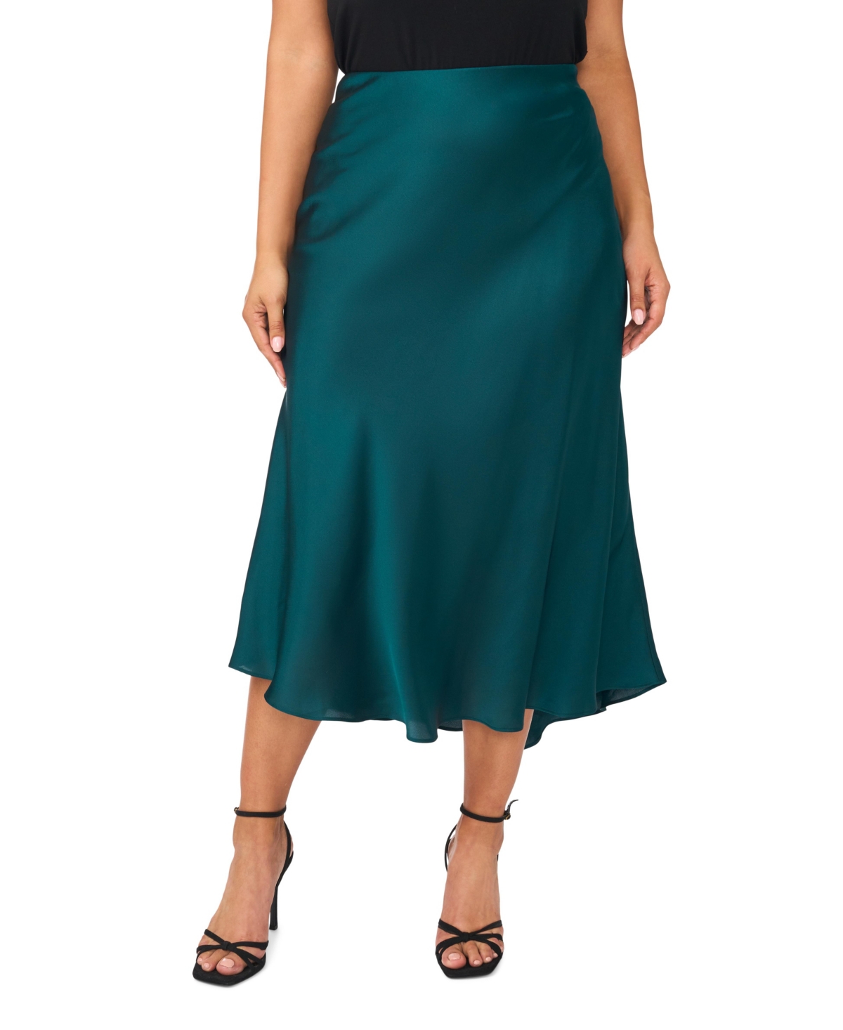 Vince Camuto Plus Size Bias Satin High-Waisted A-Line Midi Skirt - Deep Emerald