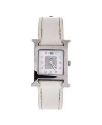 Pre-Owned HERMES Heure H Quartz Watch in Stainless Steel and Leather with Diamond Markers and Mother of Pearl 21mm