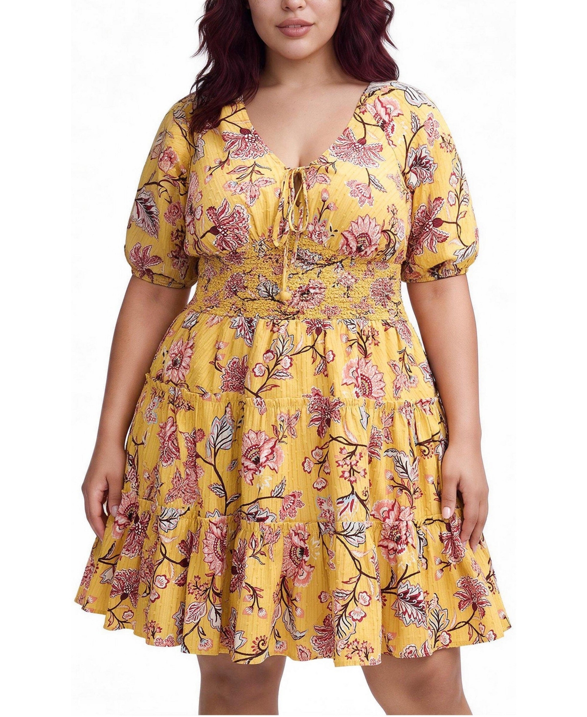 Torrid Plus Size Belle Isle Puff Sleeve V-Neck Mini Dress - Jane jaco artwork yellow