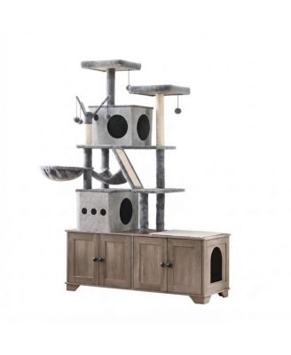 Double Cat Litter Box Furniture with Cat Tree Sleeping Bed and Hammock