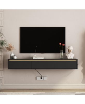 High Gloss Floating TV Cabinet with Touch LED Strip and Built-in Power Outlet