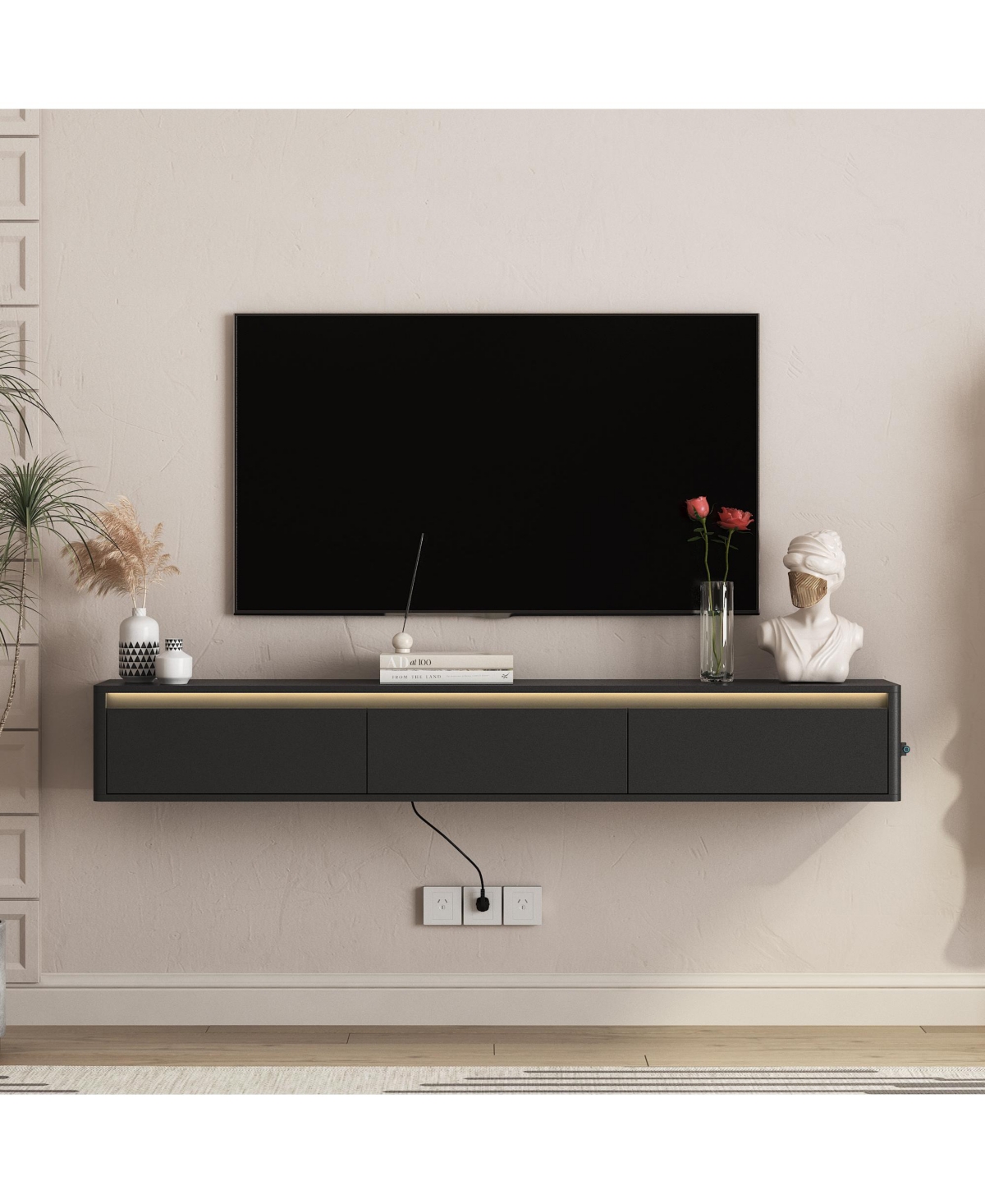 Flynama High Gloss Floating Tv Cabinet with Touch Led Strip and Built-in Power Outlet - Black