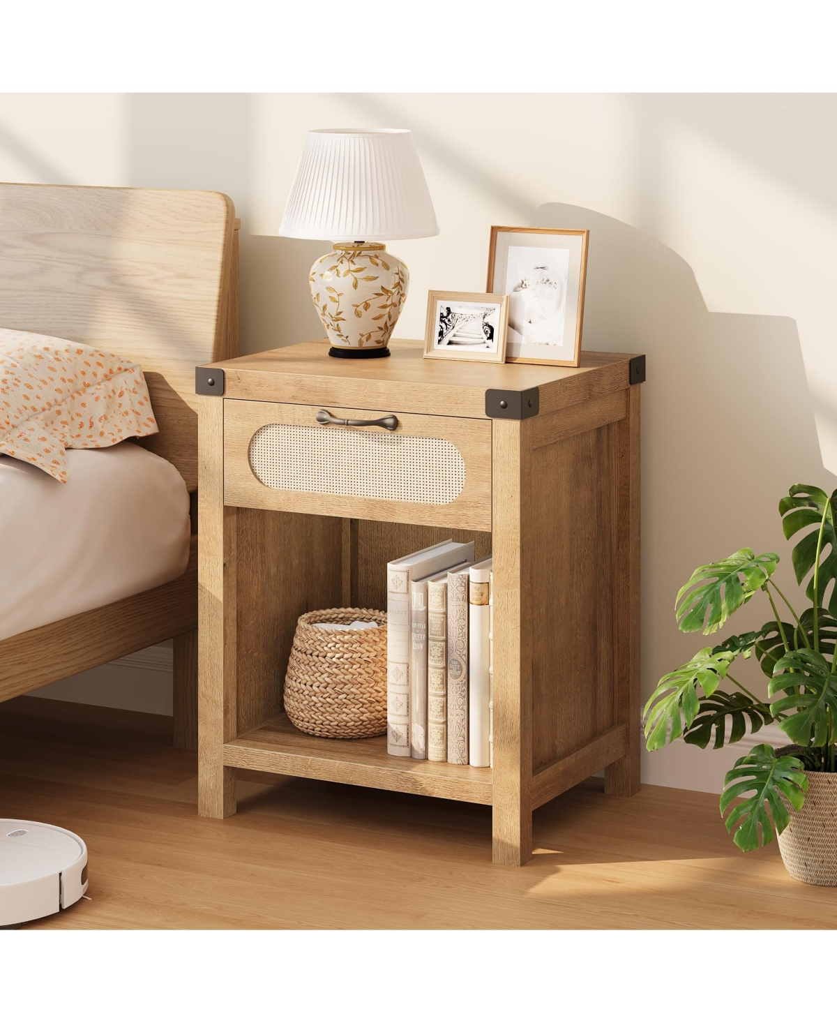 homfan Boho Rattan Nightstand with Drawer and Open Storage Shelf, Farmhouse Wood End Table, Accent Side Table for Bedroom Living Room Hallway