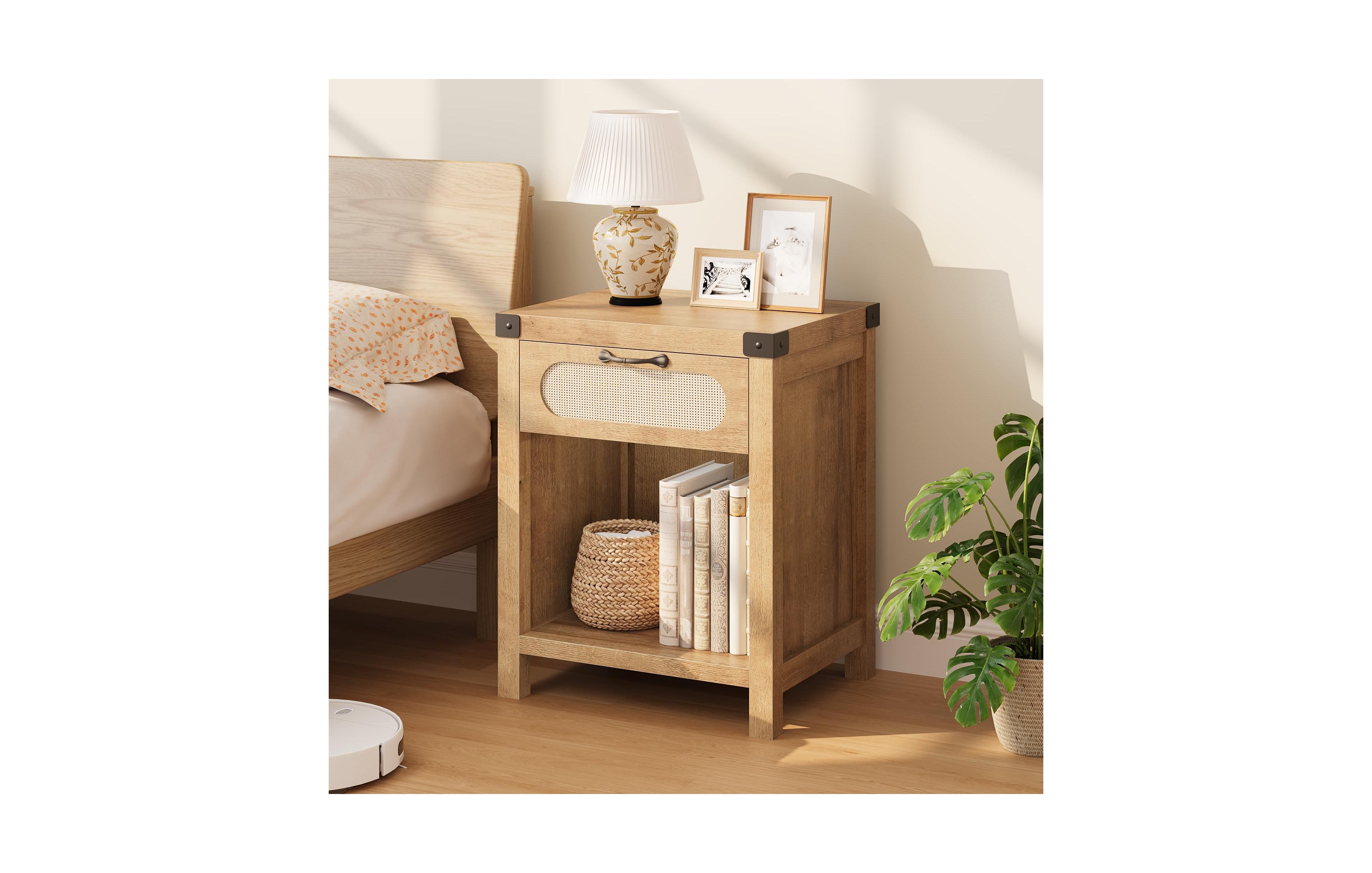 homfan Boho Rattan Nightstand with Drawer and Open Storage Shelf, Farmhouse Wood End Table, Accent Side Table for Bedroom Living Room Hallway
