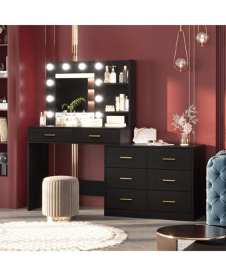 61" Makeup Vanity Desk with Mirror and Lights, 8 Drawers and 2-Tier Shelves, 3 Lighting Modes, for Bedroom