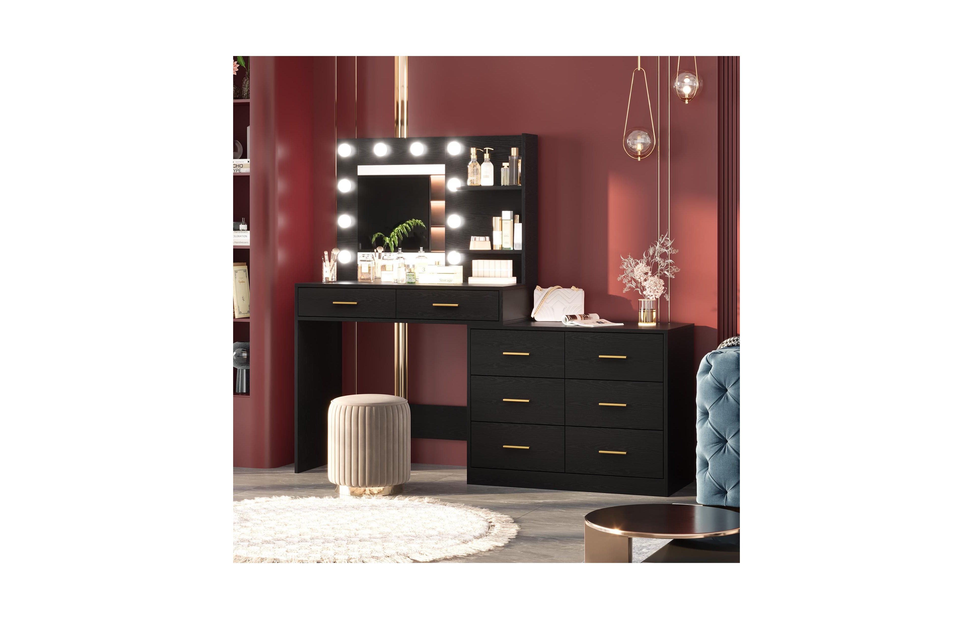 homfan 61" Makeup Vanity Desk with Mirror and Lights, 8 Drawers and 2-Tier Shelves, 3 Lighting Modes, for Bedroom