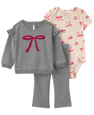 Baby Girls' French-Terry Bow-Print Long-Sleeve Top, Bodysuit and Pants, 3-Piece Set