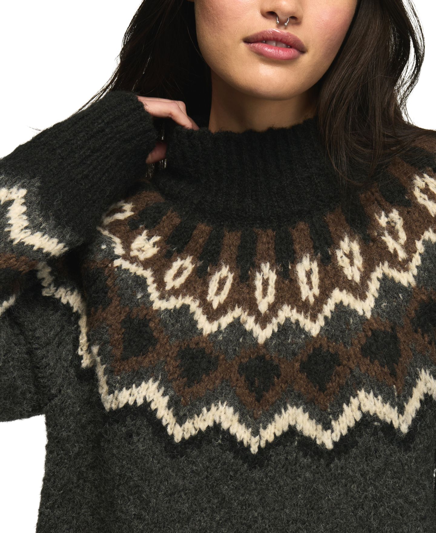 Женский свитер Lucky Brand Fair Isle Mock Neck Long-Sleeve, цвет: Угольный меланжевый серый — фото 8