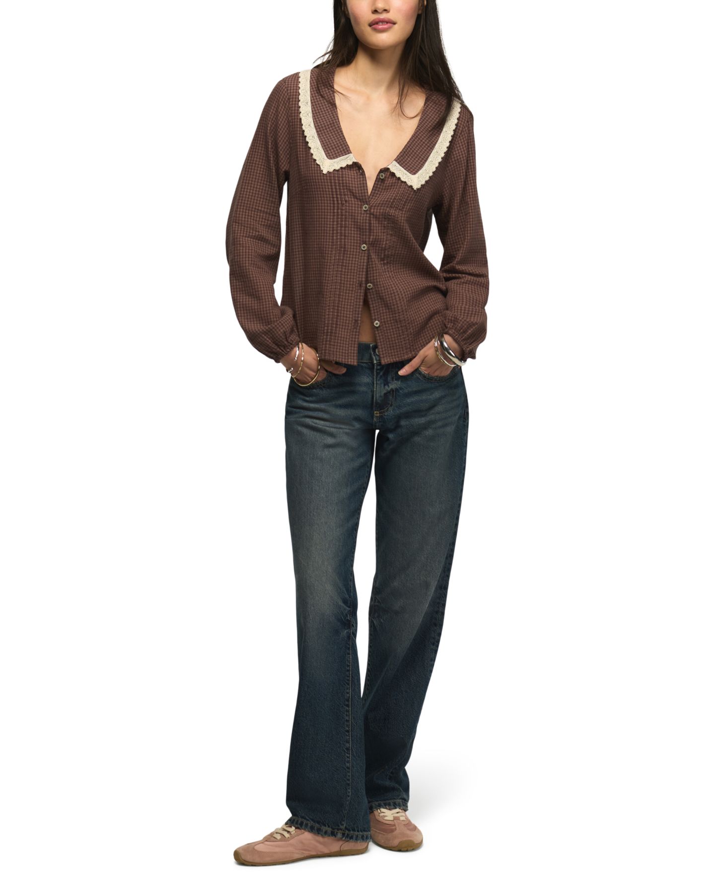 Женская блузка Lucky Brand Gingham Peter Pan Collar Long-Sleeve, цвет: Коричневый в мелкую клетку — фото 2