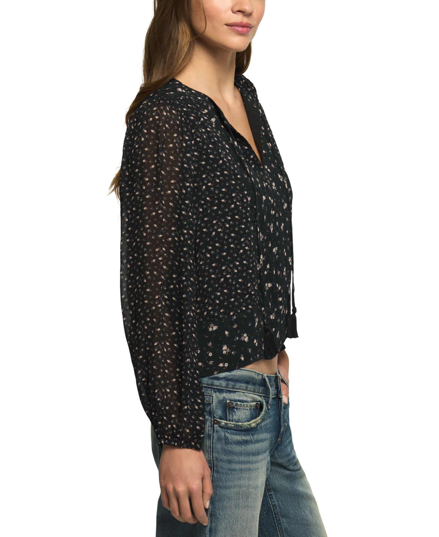 Женский топ Lucky Brand Floral-Print Sheer Long-Sleeve Peasant, цвет: Чёрный с принтом — фото 3