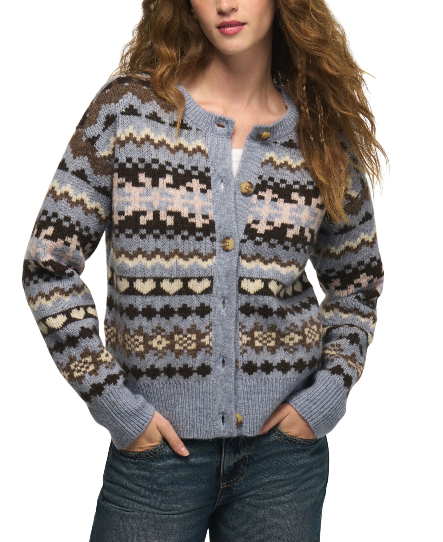 Женский кардиган Lucky Brand Fair Isle Crew Neck Cardigan, цвет: Серо-бежевый — фото 1