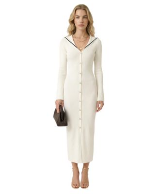 Women's Ribbed-Knit V-Neck with Sailor Collar Midi Dress
