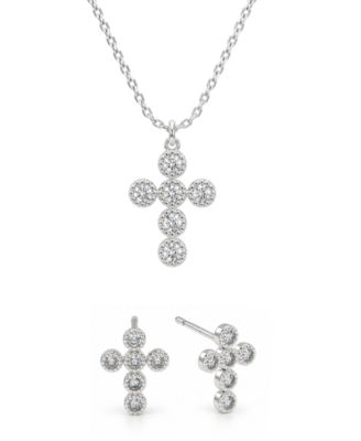 Cubic Zirconia Cross Stud Earring and Necklace with Jewelry Box Set