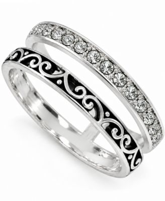 And Now This Oxidized and Clear Crystal Double Row Band Ring in Silver Plate 