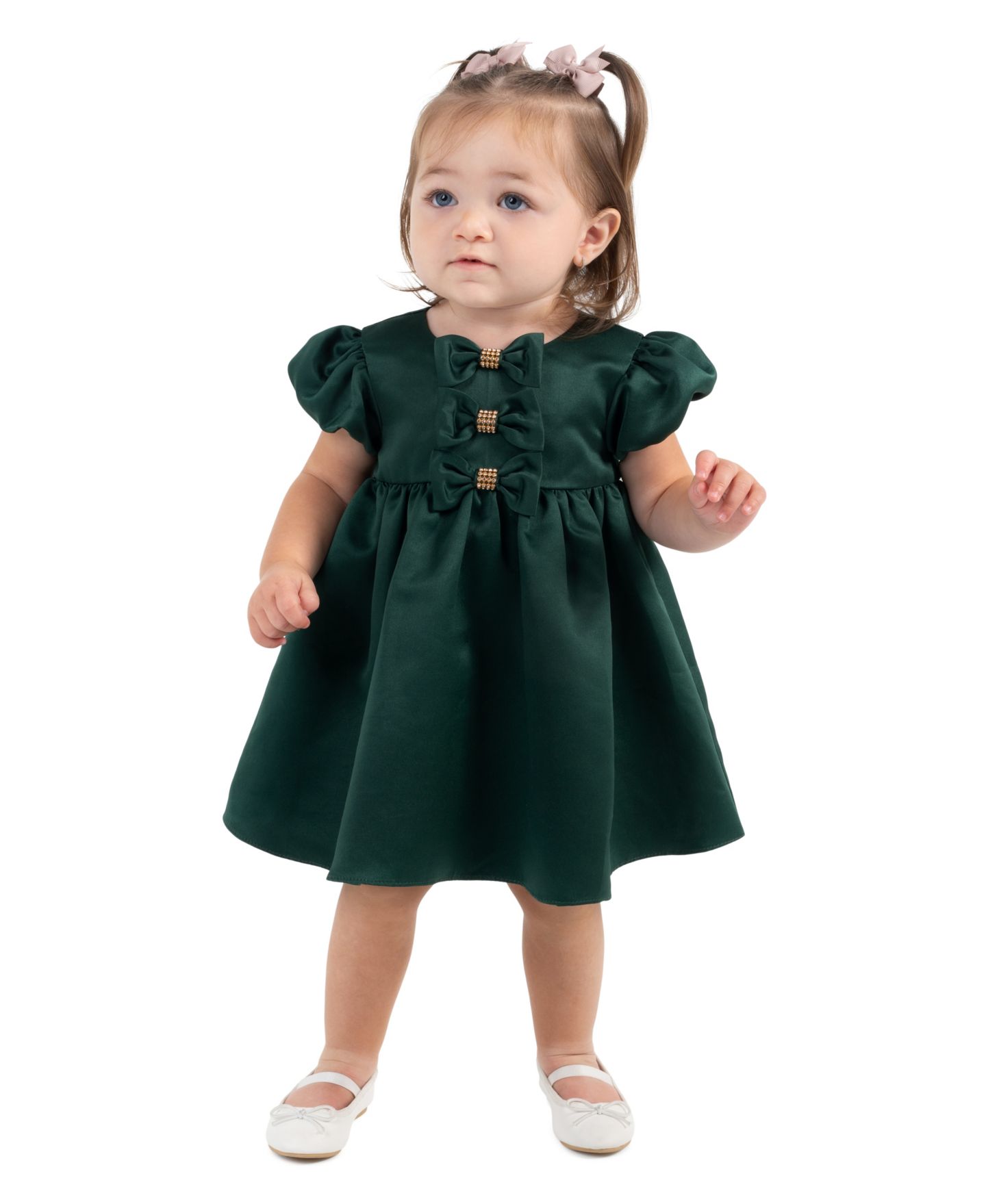 Комплект Rare Editions Puff-Sleeve Fit & Flare Bow Dress and Bloomer, 2-Piece Set для девочек-малышей, цвет: Тёмно-зелёный — фото 1