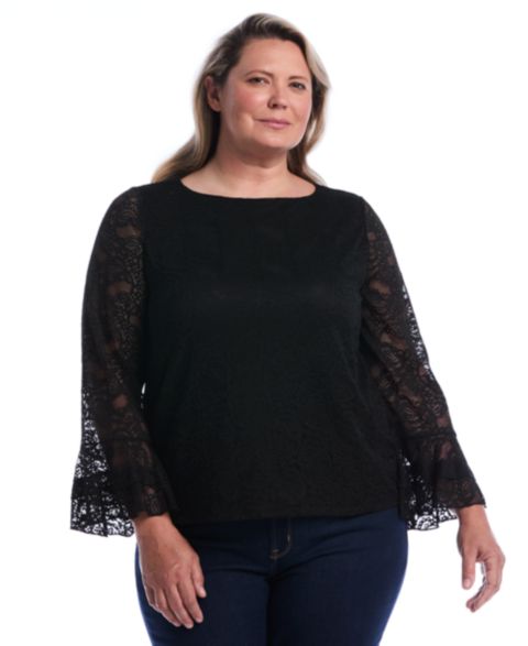 Женская блузка Rafaella Plus Size Lace Ruffle Sleeve B Boatneck, цвет: Чёрный
