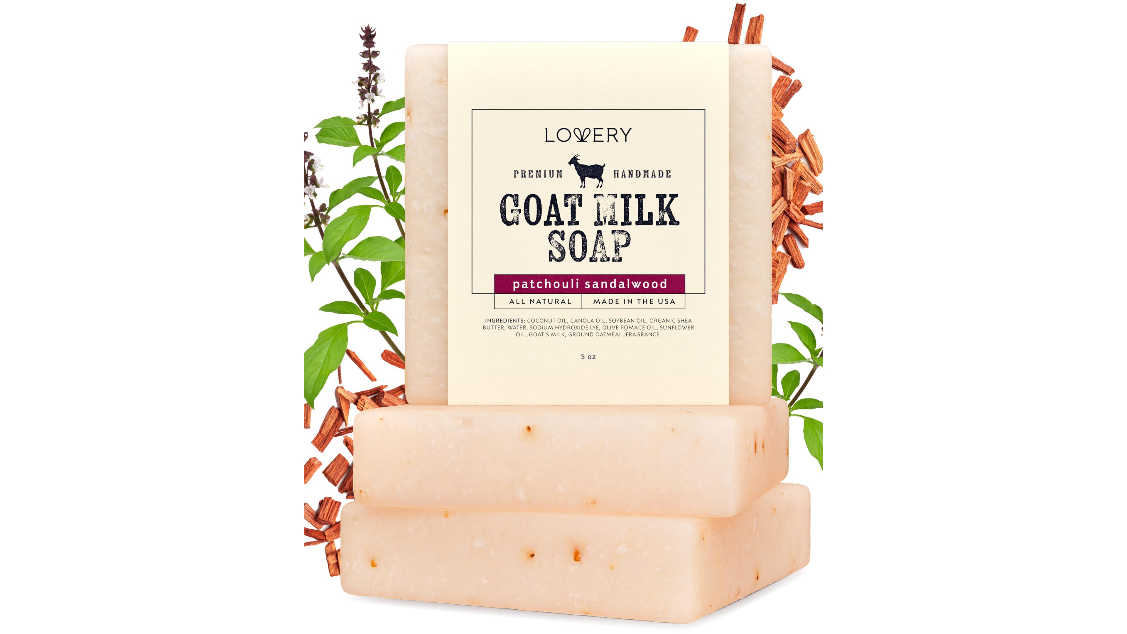 Lovery Handmade Goat Milk Soap Bars with Shea Butter - 3Pack Patchouli Sandalwood Scent Made in Usa