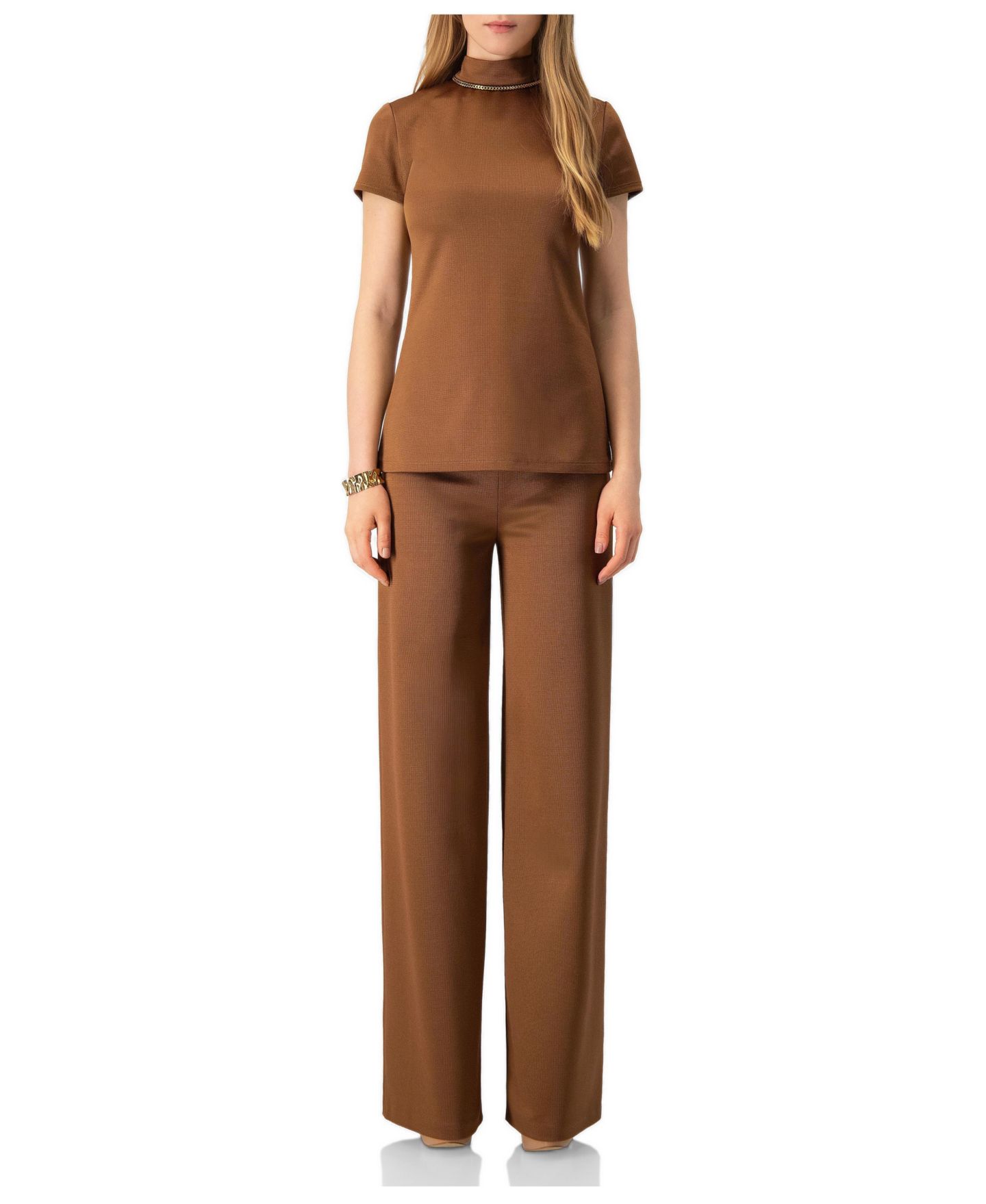 Женская блузка Ivonne High-Neck Short-Sleeve Side-Slit, цвет: Верблюжий — фото 3