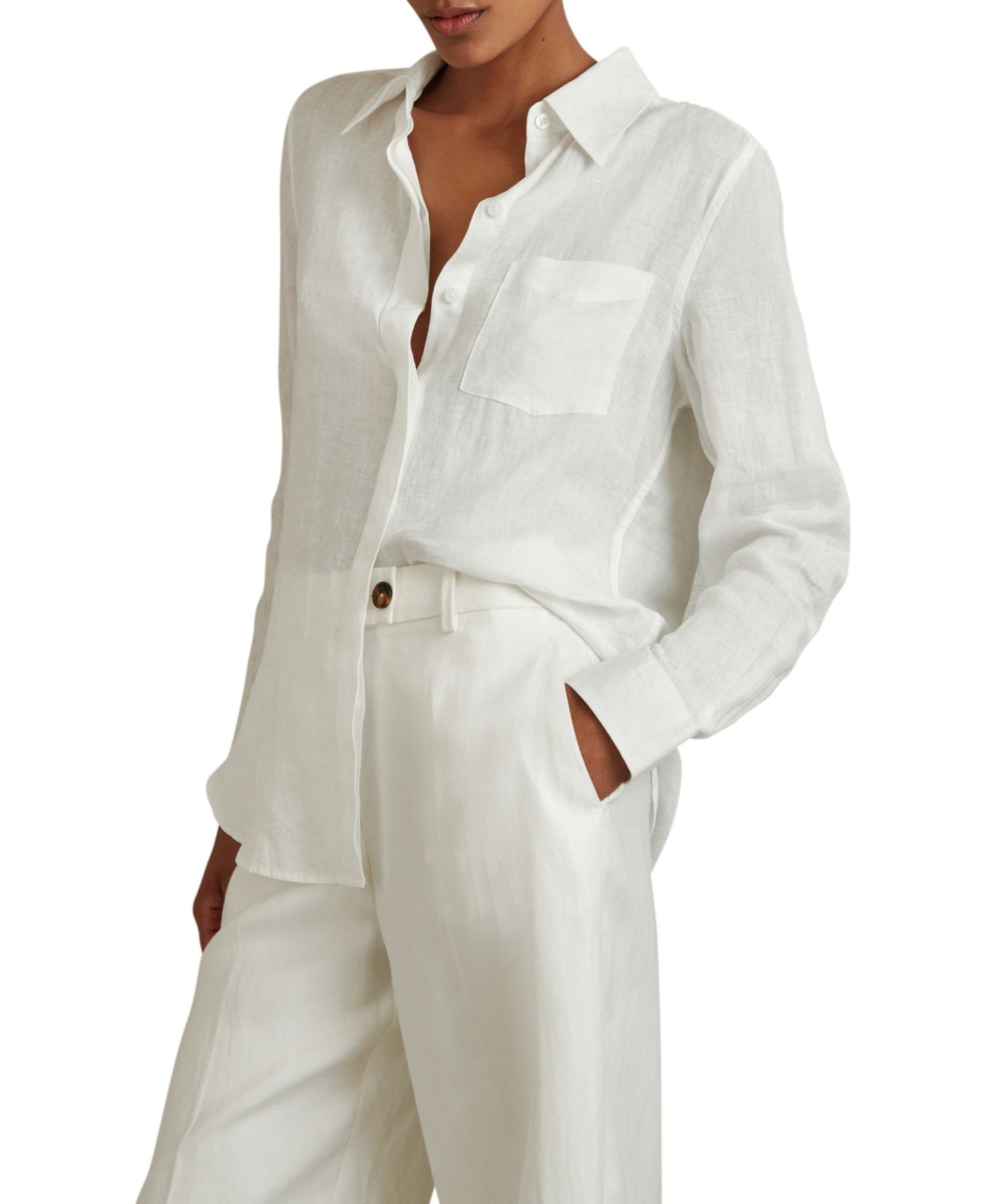 Женская рубашка REISS Campbell Linen Collared Long-Sleeve Patch-Pocket, цвет: Белый — фото 1