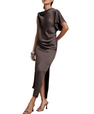 Women's Kenzie Asymmetrical Side-Slit Satin Cowl Neck Midi Dress