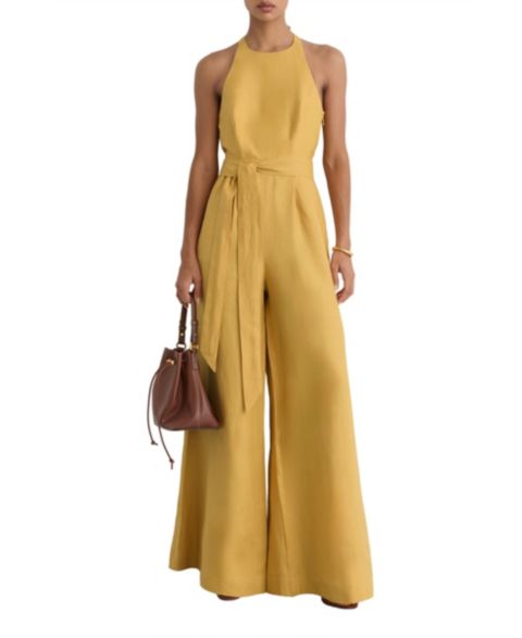 Женский комбинезон REISS Della Open-Back Wide-Leg Linen Jumpsuit, цвет: Жёлтый