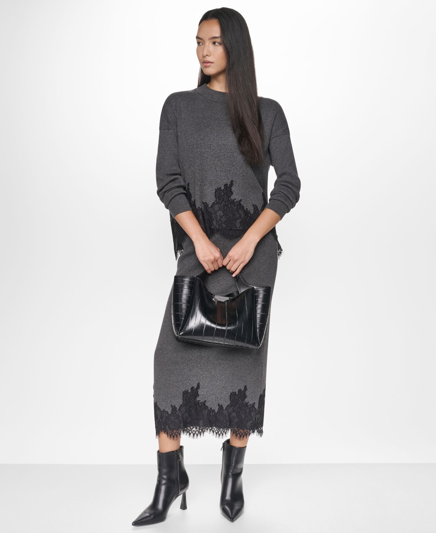 Женский свитер DKNY Lace-Trim Long-Sleeve Loose-Fit, цвет: Асфальтовый — фото 10