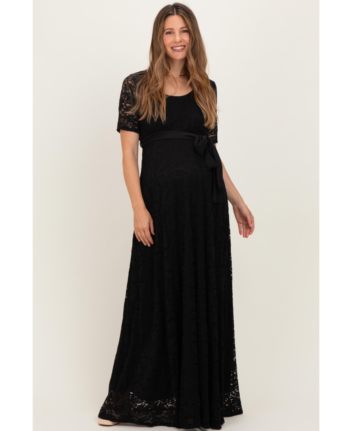 Pinkblush Maternity Lace Empire-Waist Sash-Tie Scoop-Neck Gown