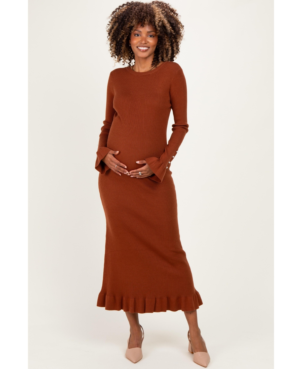 Pinkblush Black Ribbed Knit Bow Back Maternity Maxi Dress - Brown
