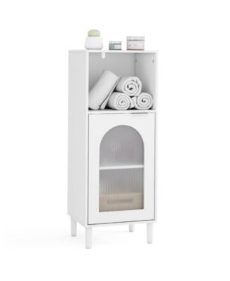 Bathroom Side Cabinet with Tempered Glass Door and Solid Wood Legs