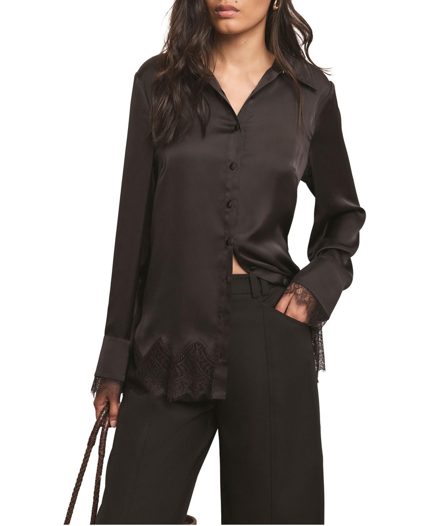Женская блузка Mint Velvet Long-Sleeve Collared Lace-Trim, цвет: Чёрный — фото 2