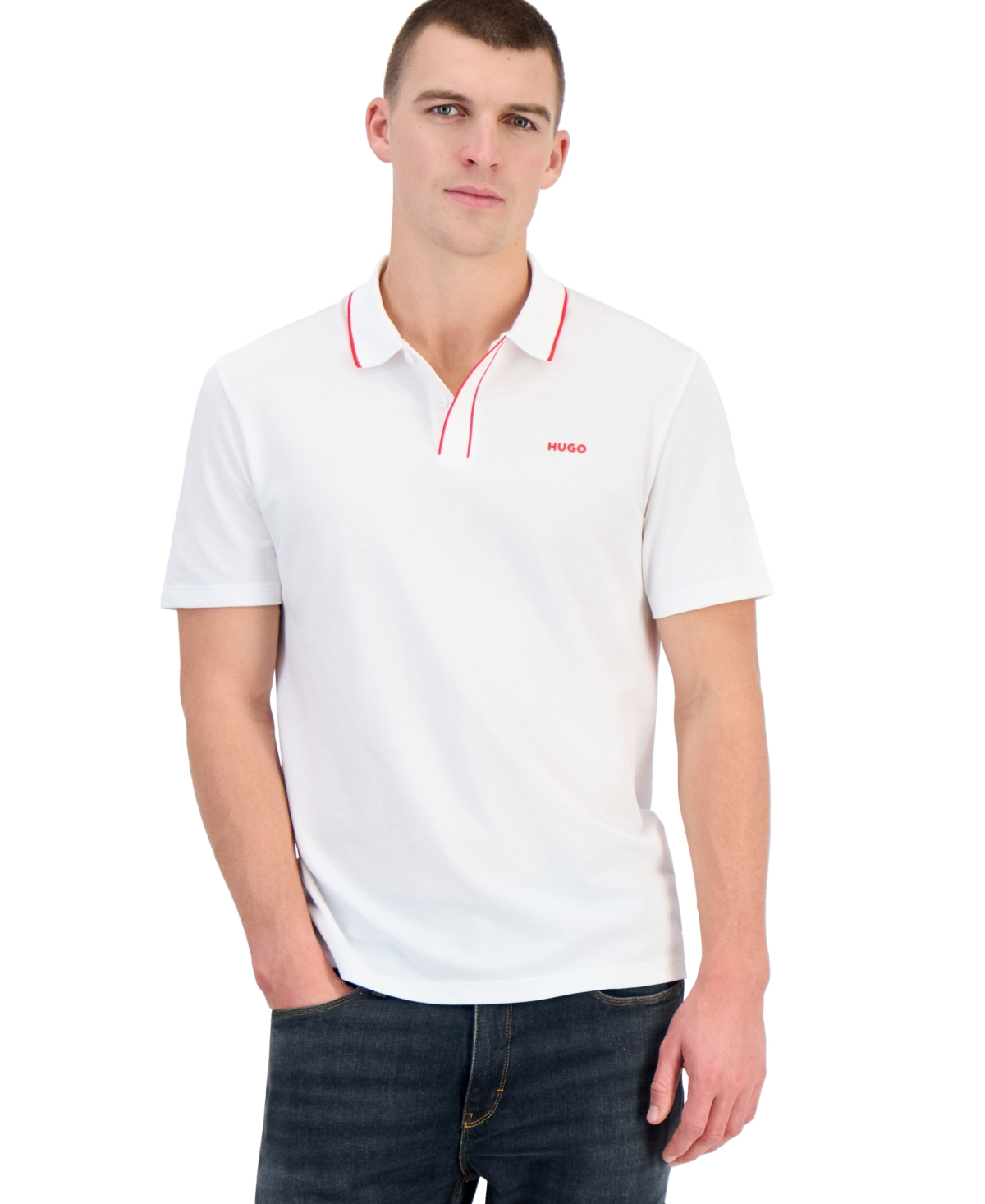 Hugo by Hugo Boss Men's Dalombi Button-Placket Polo Shirt - WHITE/red