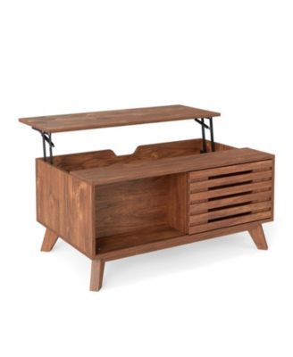 Mid-Century Lift Top Coffee Table with Lattice Sliding Door